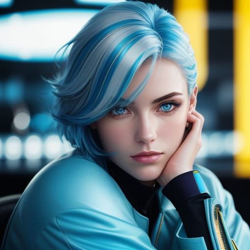 Woman with White Hair and Blue Streak in Futuristic Bar