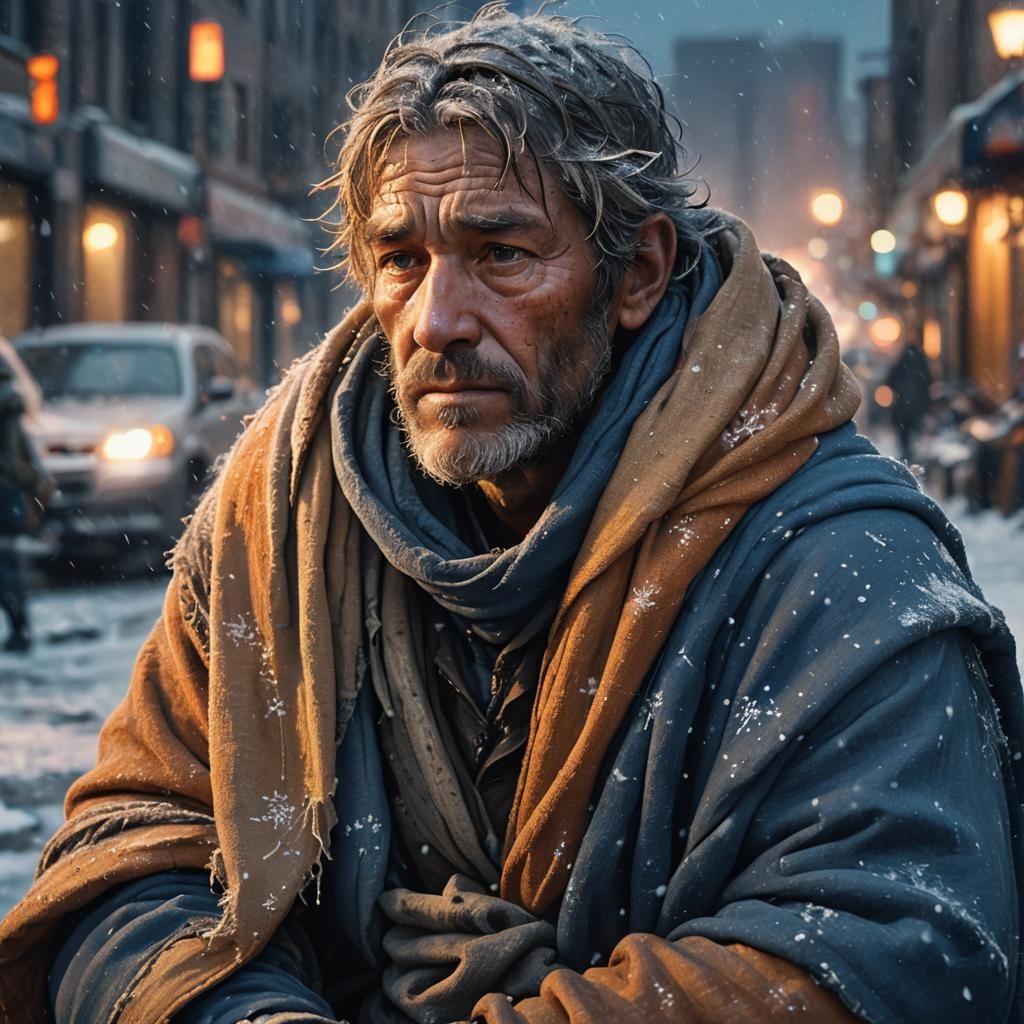 Homeless Man in Winter City: Social Realism Fantasy