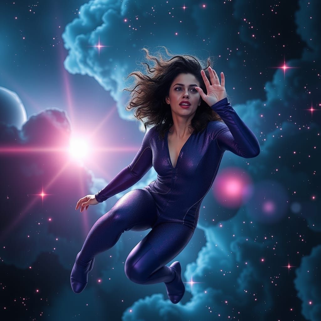 Fantasy Woman in Space Flight: Hyperrealistic Digital Art