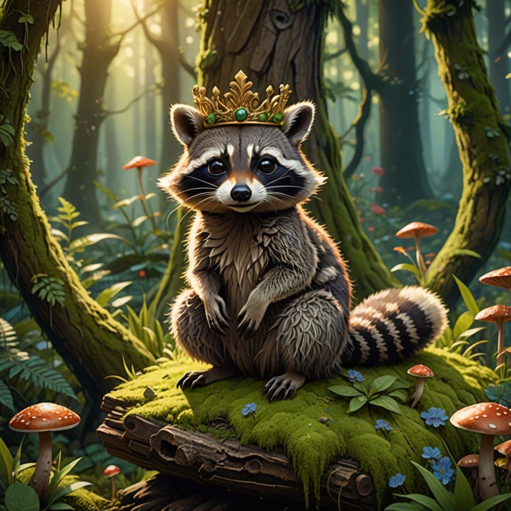 Whimsical Raccoon King in Enchanted Forest