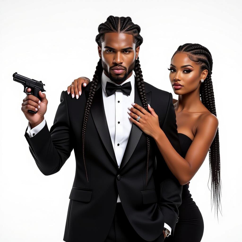 Gangster in Tuxedo with Woman on Black Background