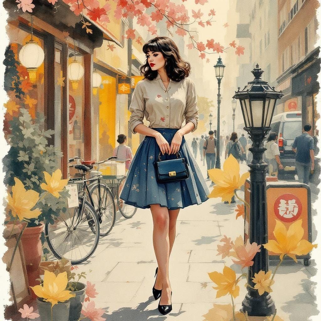 Woman in Golden Streets with Folk Art Flair