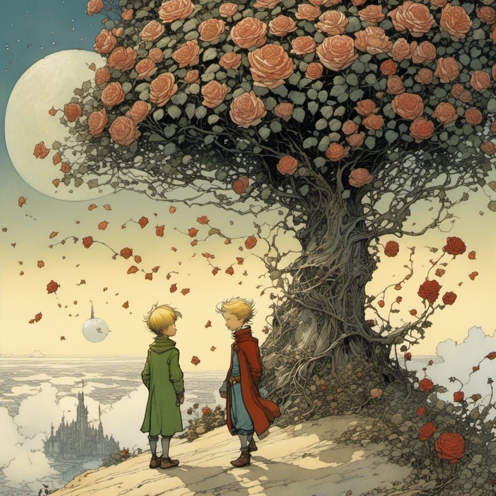 The Little Prince and Rose in Art Nouveau Style