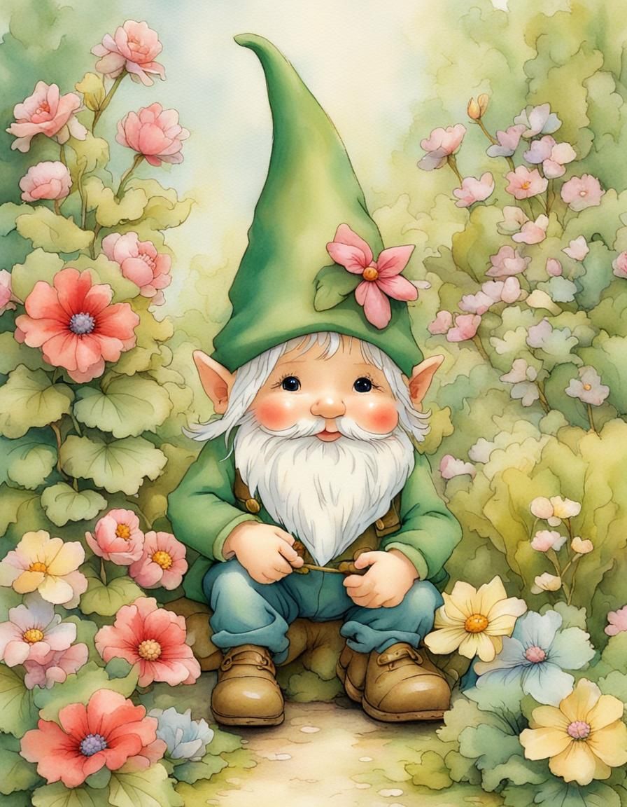 Gnome in Flower Garden, Vintage Illustration