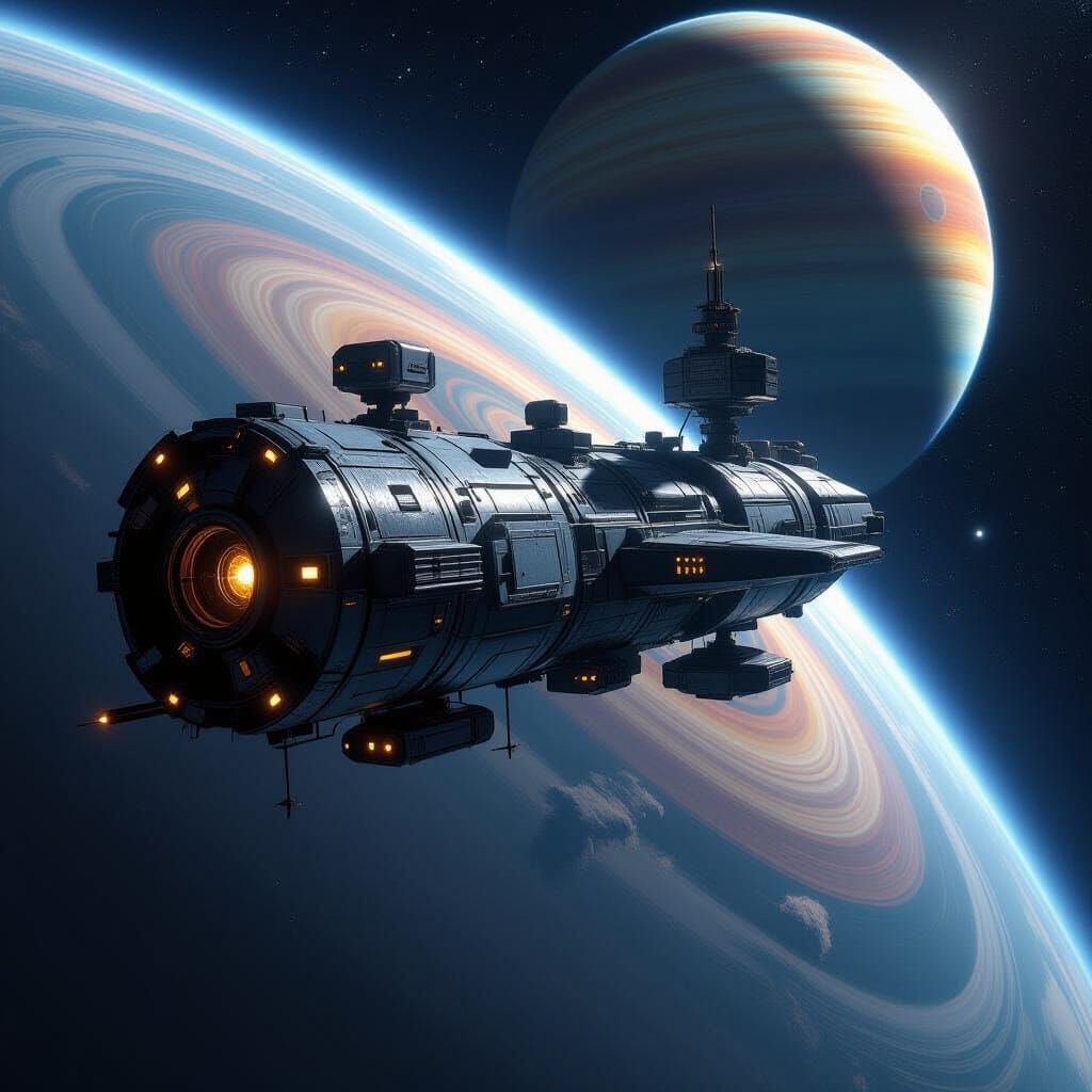 Heavily Weathered Space Station Orbiting a Ringed Planet