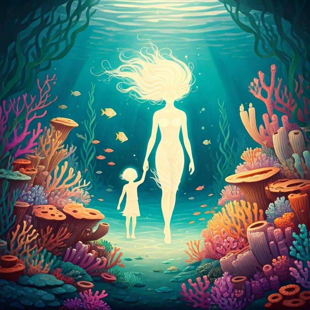Ethereal Sea Goddess Enchants Curious Child in Vibrant Ocean...