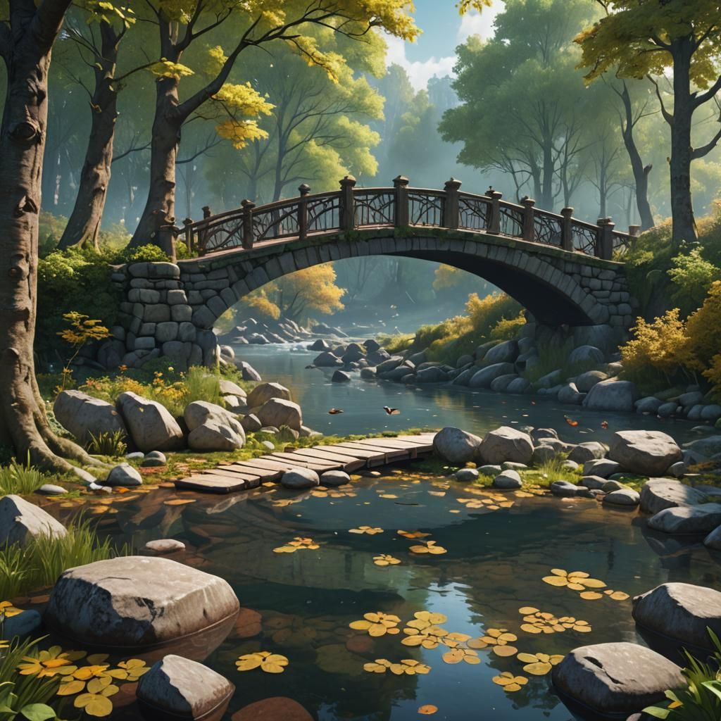 Bridge above lake stones near lake trees near bridge rattlin...