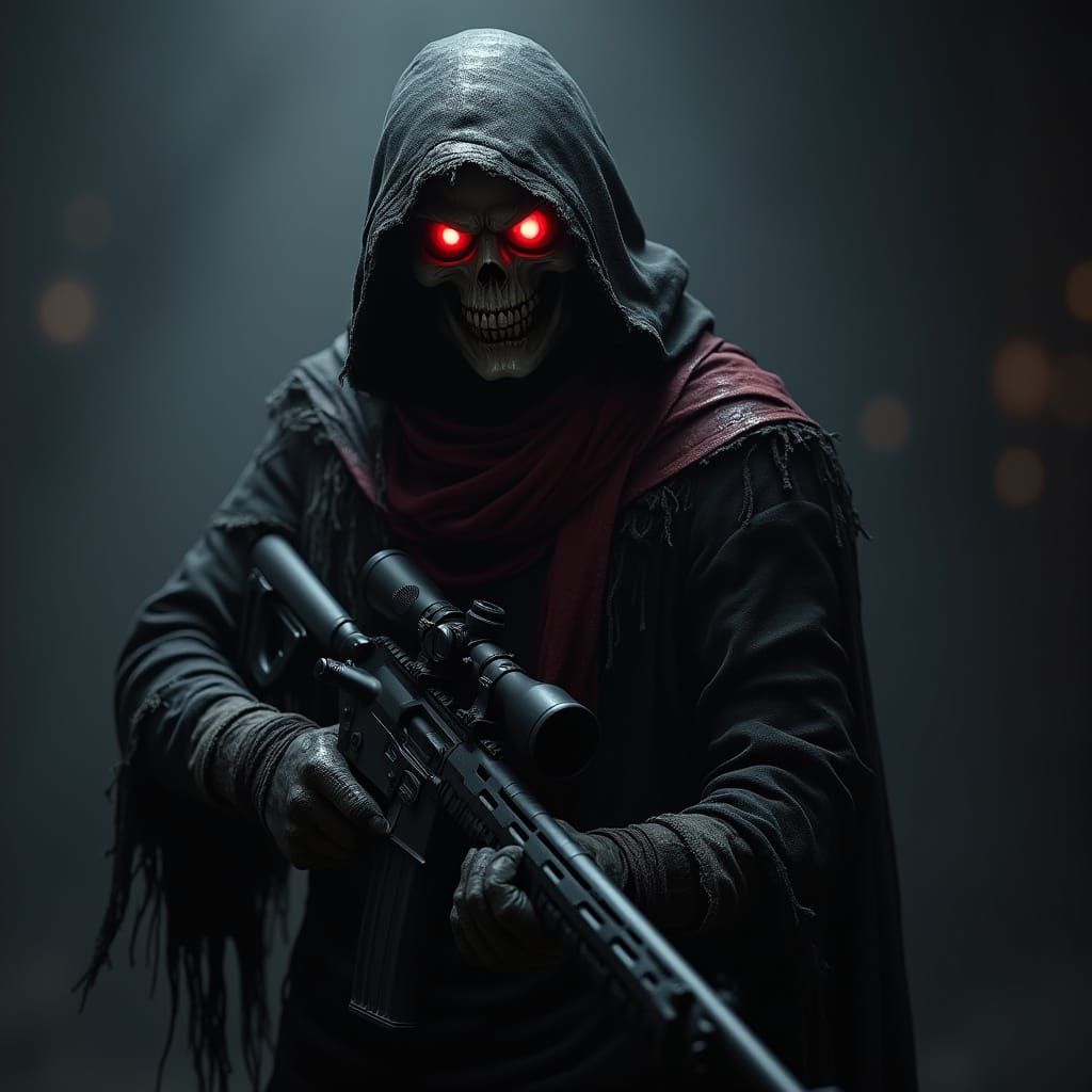 Menacing Figure in Hooded Cloak with Sniper Rifle