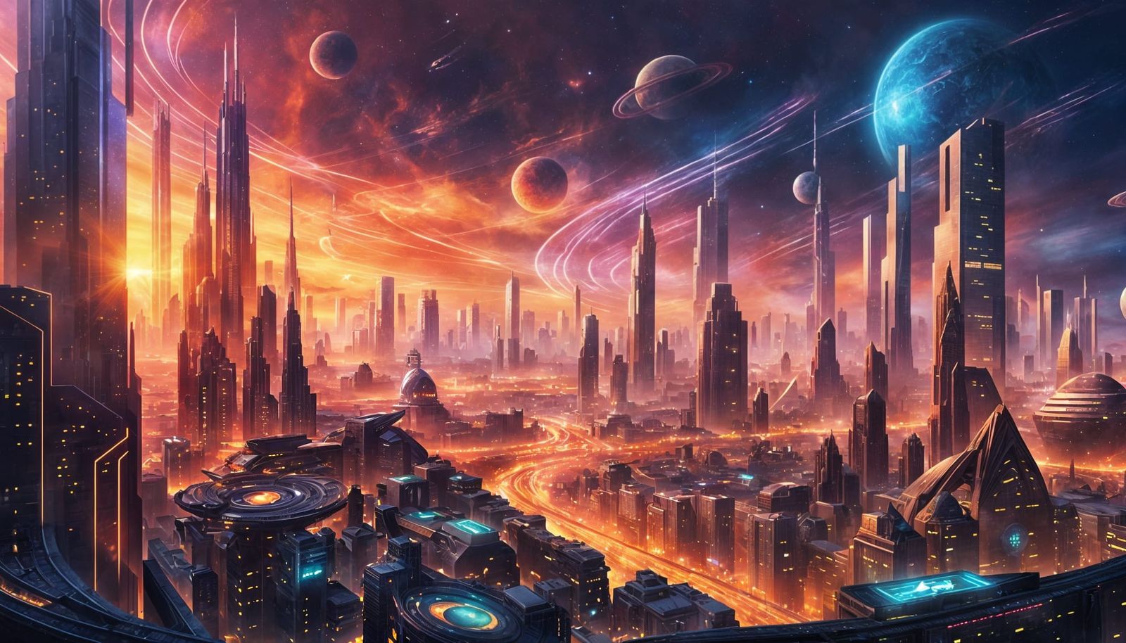 Dazzling Futuristic Cityscape in Swirling Calligraphy