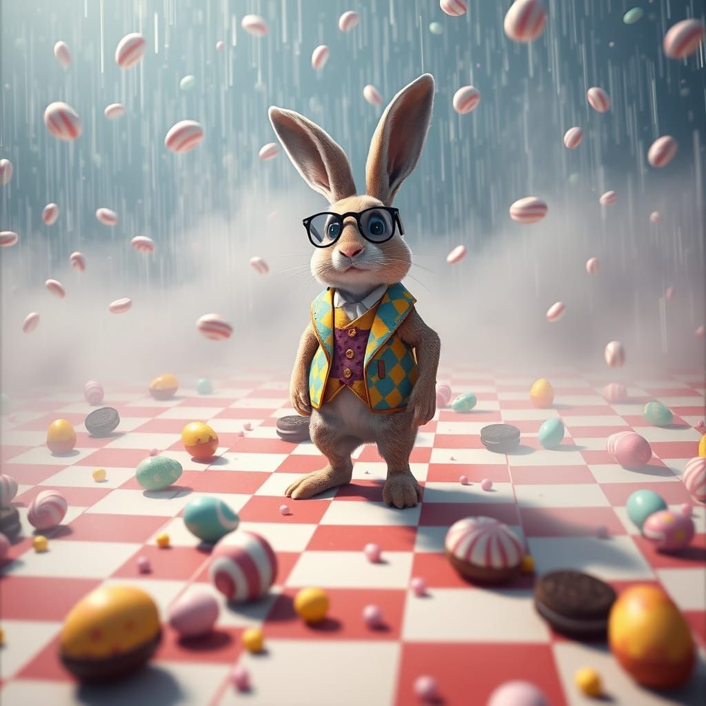 Whimsical Rabbit in Checkerboard Landscape