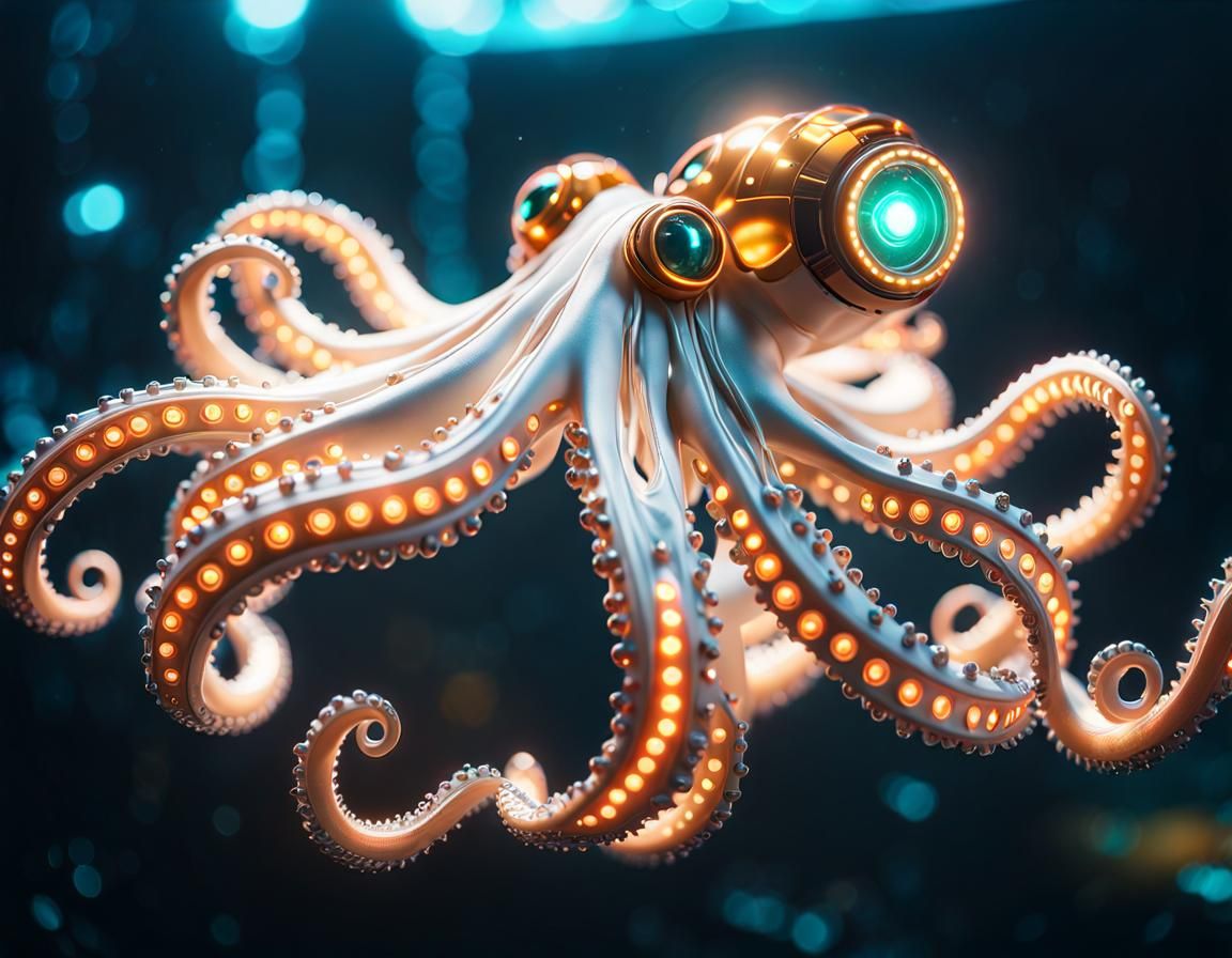 Robotic Octopus in Cyberpunk Underwater Scene