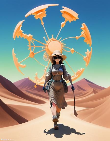 Woman Excavates Desert Fossil: 3D Digital Art