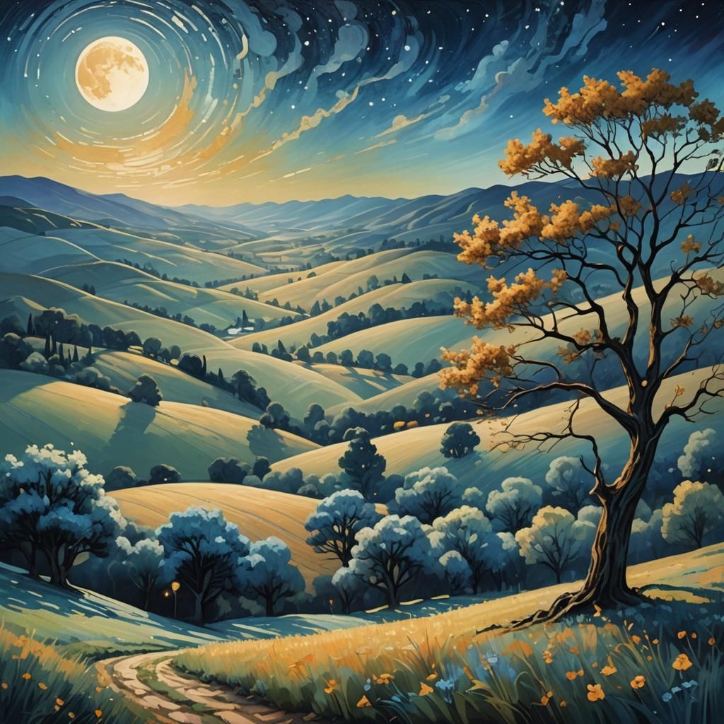 Neo-Impressionist Moonlit Landscape with Gentle Lighting