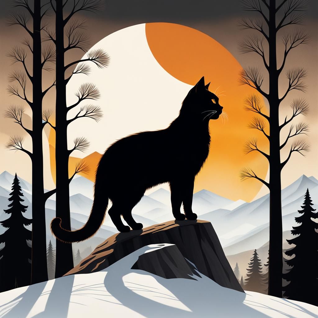 Minimalist Cat Silhouette Merged with Landscape