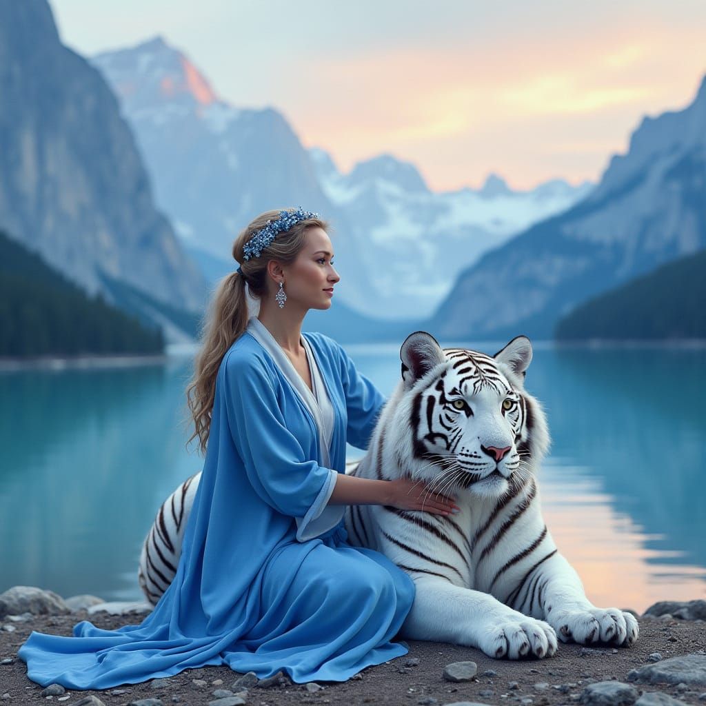 Goddess with White Tiger by Mountain Lake