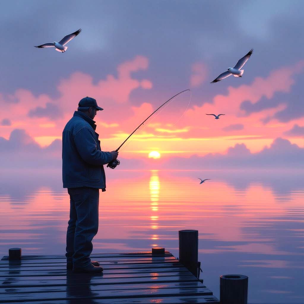Fisherman on Pier at Dawn: Misty Sea Serenity