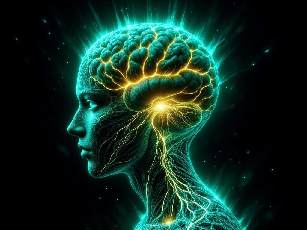Glowing Human Brain in Neon Green against Black Background