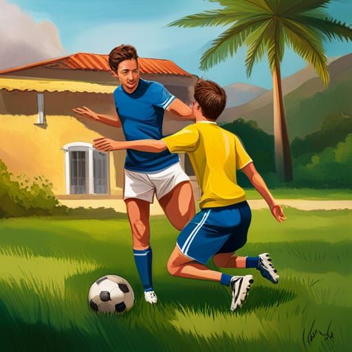 Father and Son Play Soccer in Brazil Jerseys