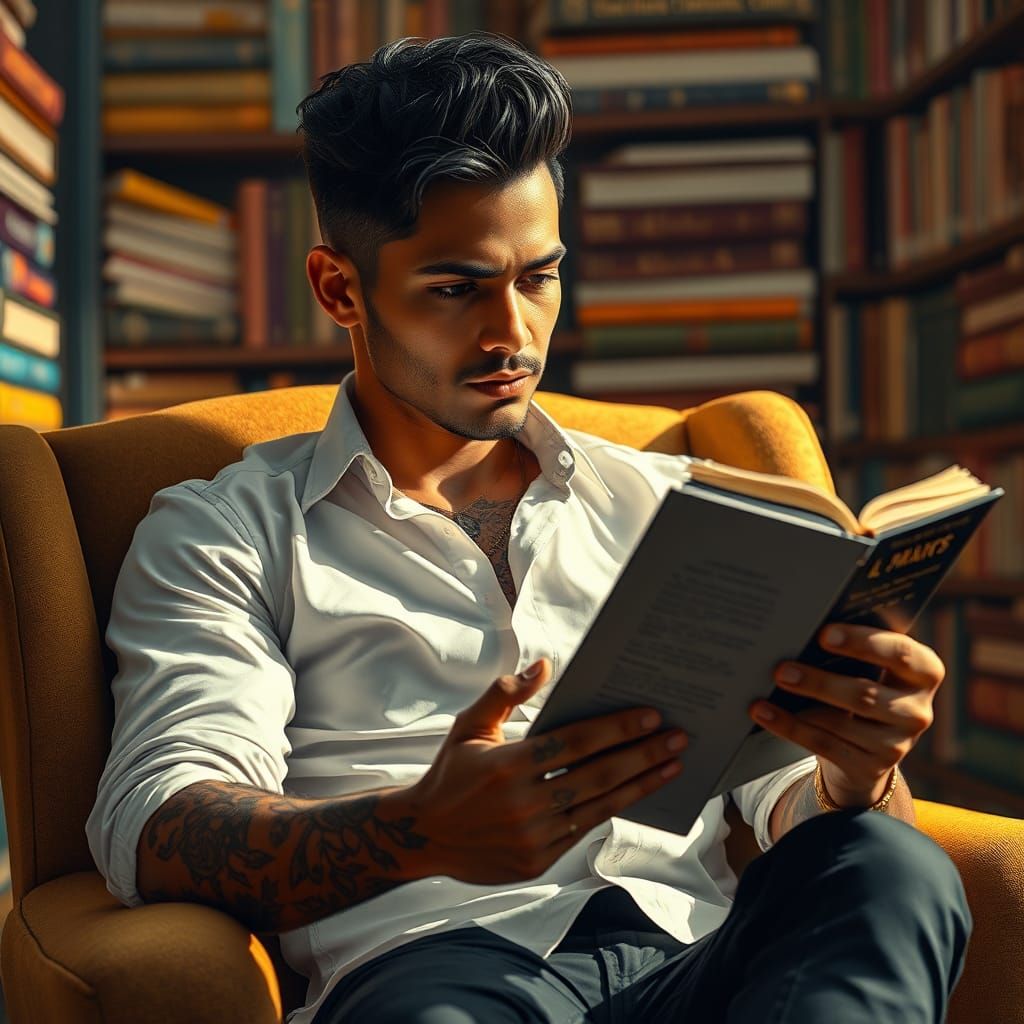 Handsome Man Reading in Library: Hyper-Realistic Splash Art