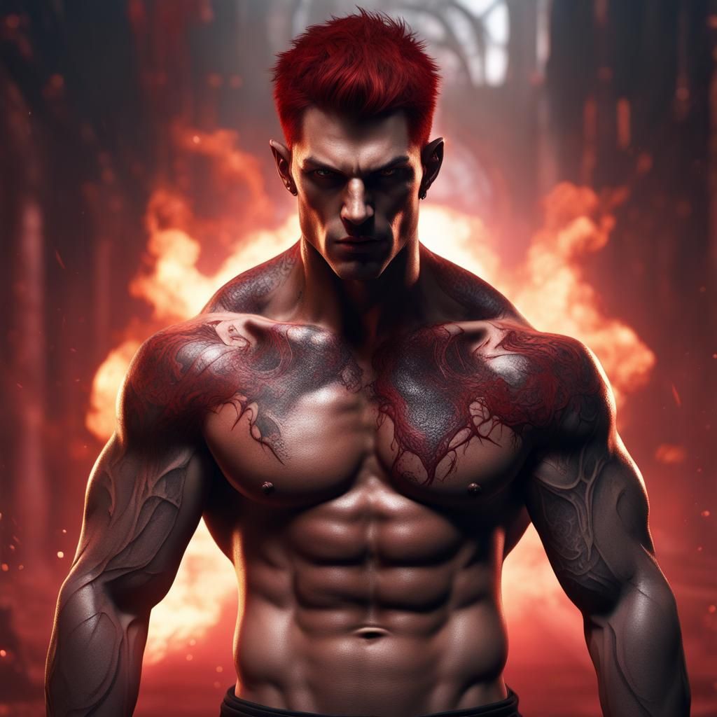 Dominant Vampire Male with Red Eyes and Tattoos
