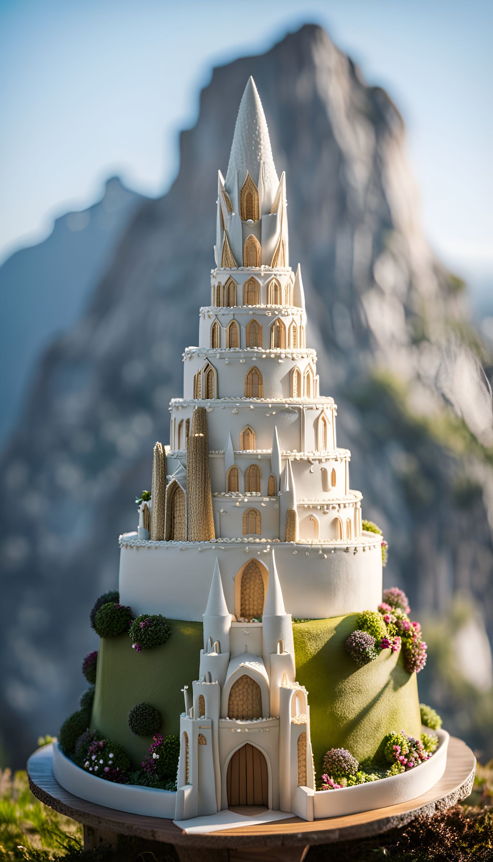 wedding cake shaped like Minas Tirith Professional photography, bokeh, natural lighting, canon lens, shot on dslr 64 meg...