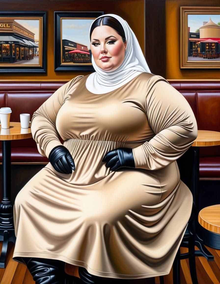 Detailed Oil Portrait of Plus Size Woman in Cafe