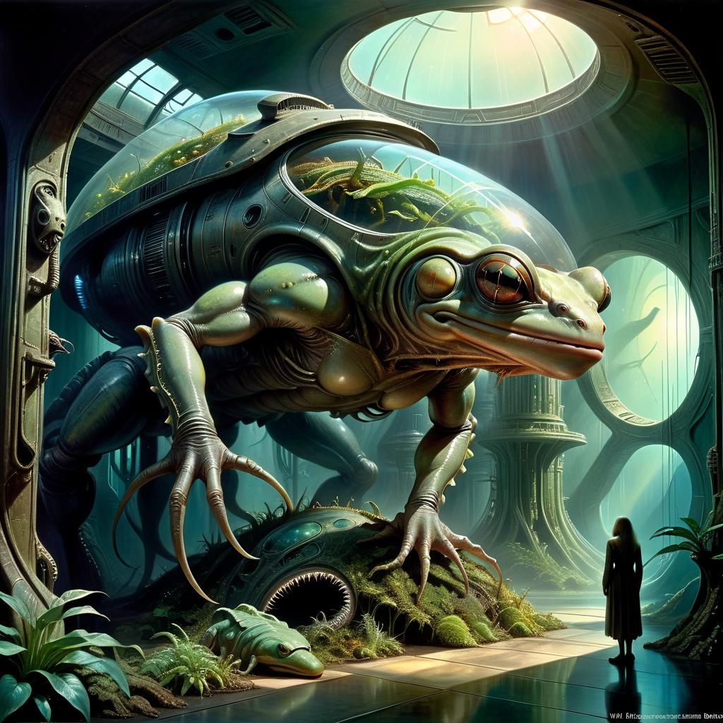 Sci-Fi Retro Vivarium with Alien Amphibian Creature