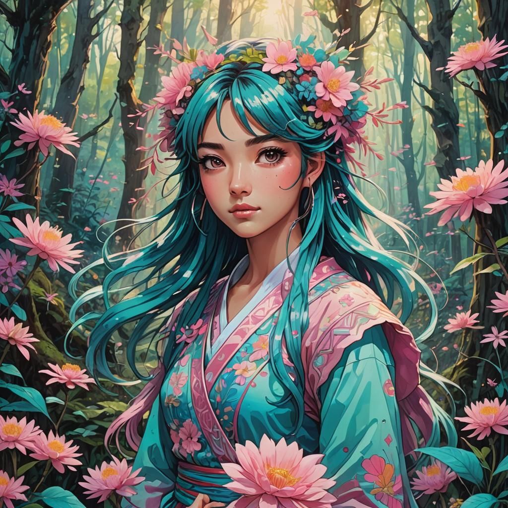 Mystical Anime Manga Portrait of Xochitl in Forest