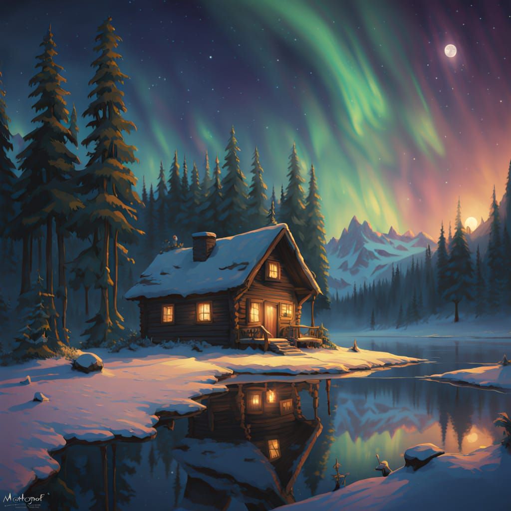 Winter Cabin Shines Under Starry Night Sky in Dreamlike Land...