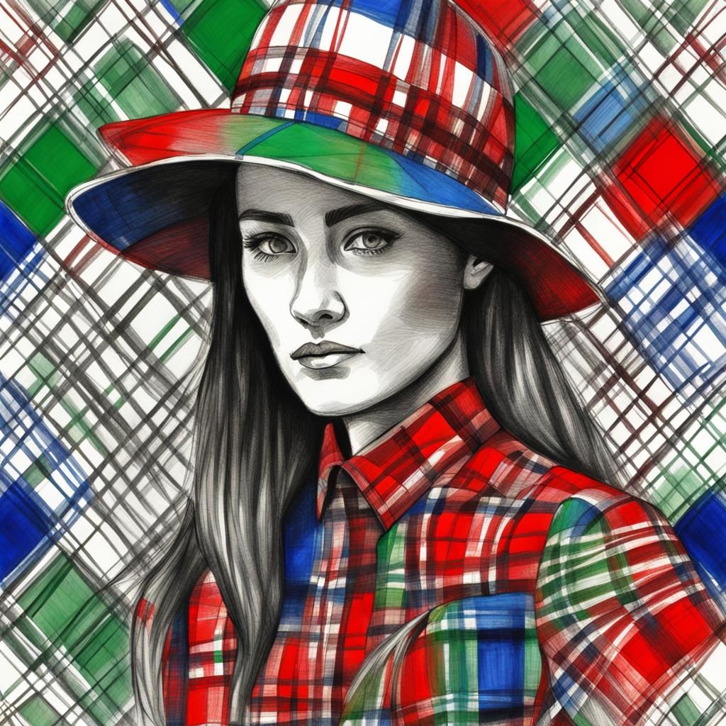 Plaid Dress and Hat Pencil Sketch