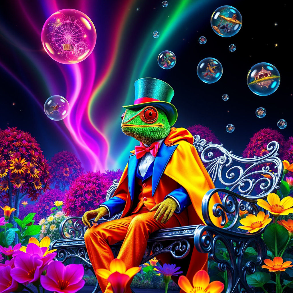 Chameleon Magician in Bioluminescent Garden, Neon Art