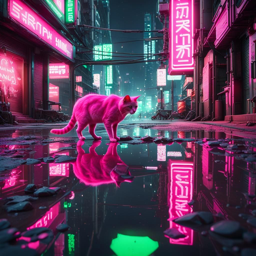 Neon City Reflection with Stray Cat