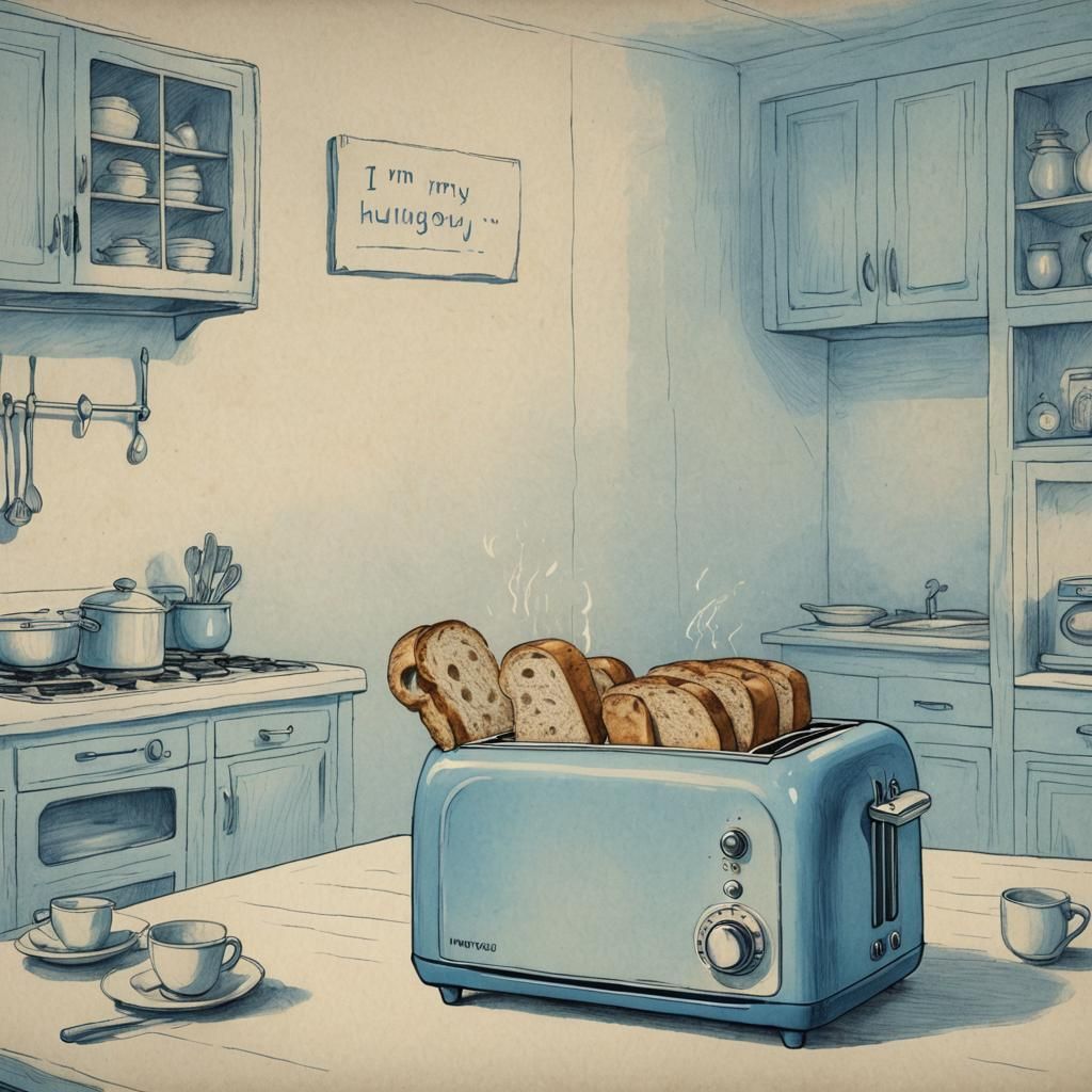 Surreal Kitchen Conversation in Pencil Sketch Style