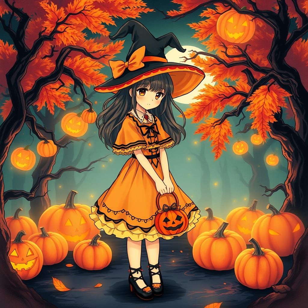 Anime Halloween Goddess in Vibrant Autumn Landscape