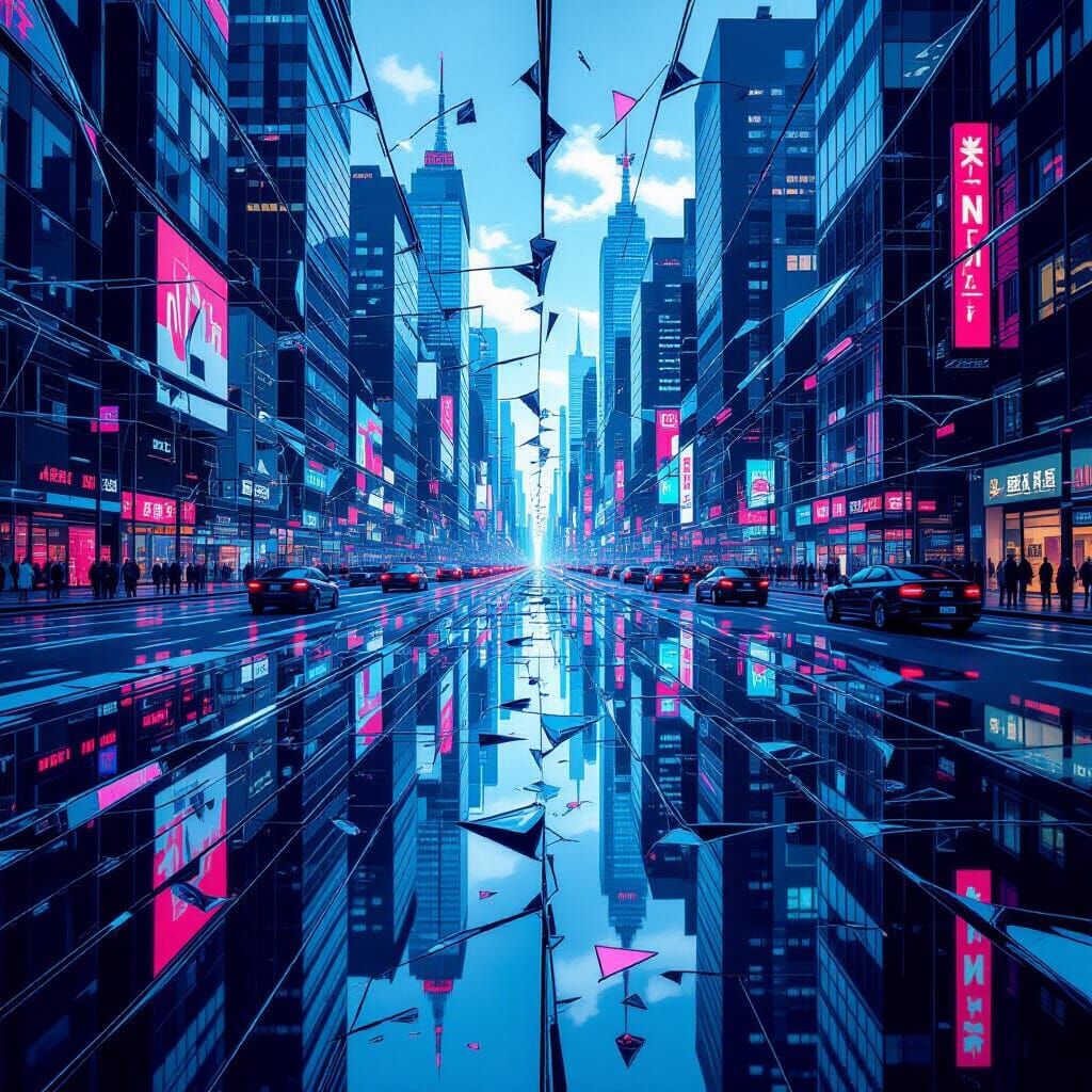 Futuristic Cityscape Reflected in Shattered Mirror