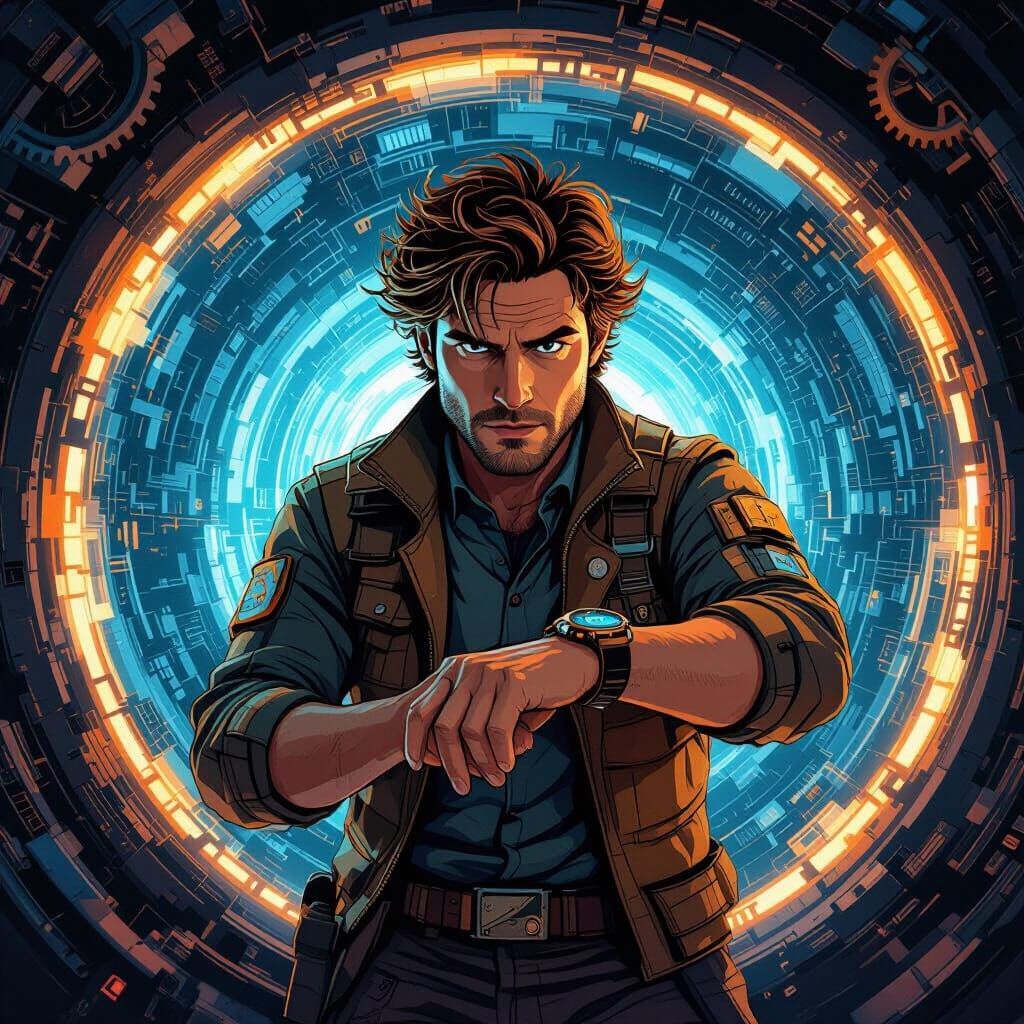 Engineer Amidst Time Vortex in Concept Art Style