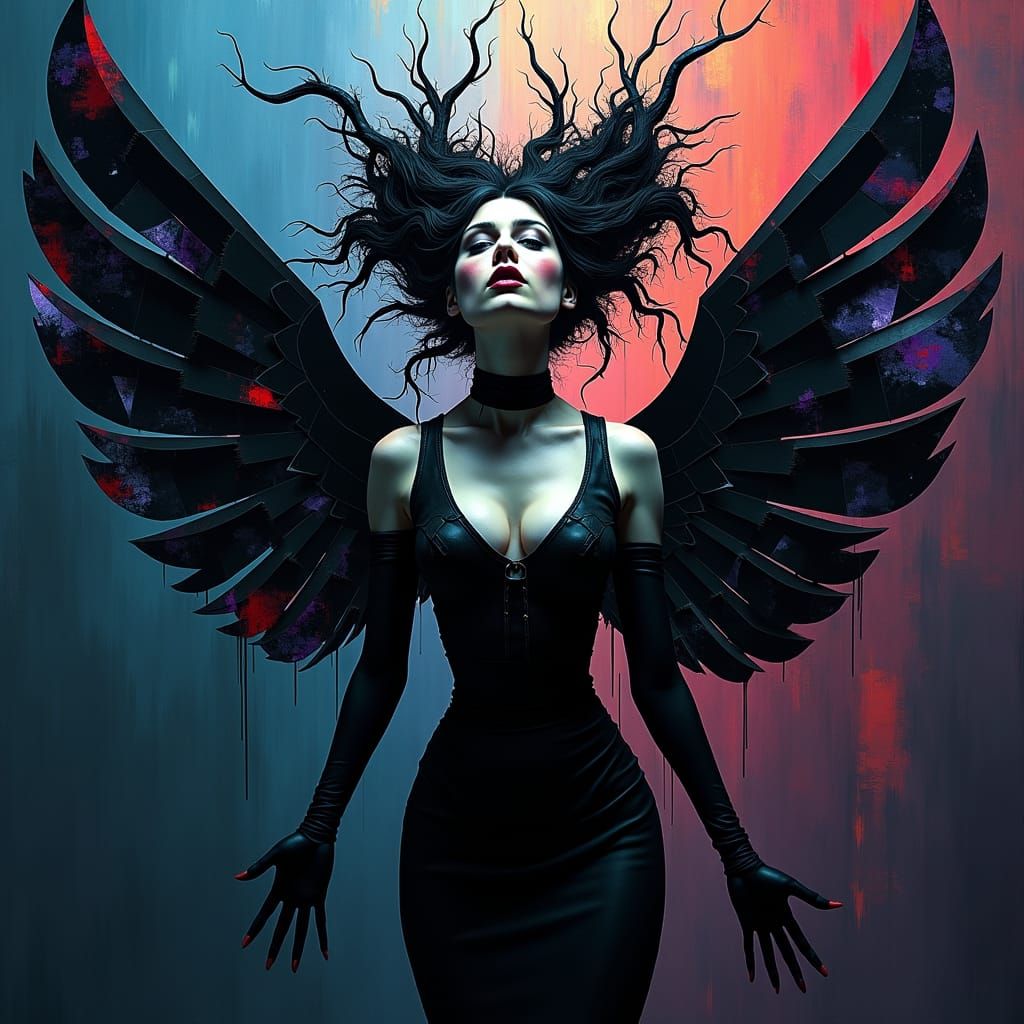 Cubist Goth Woman with Fragmented Wings