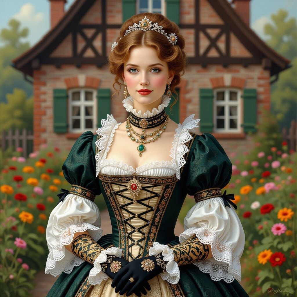 Baroque Woman in Flower Garden, Realismo Style