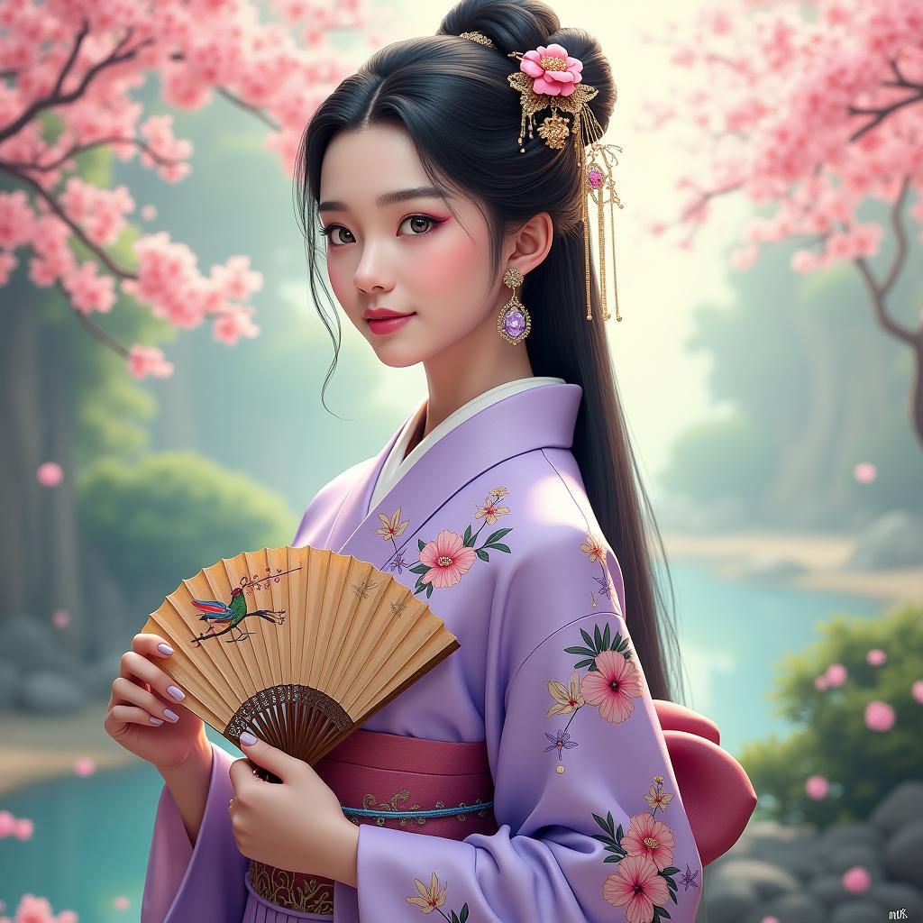 Woman in Kimono Portrait with Japanese Garden Backdrop