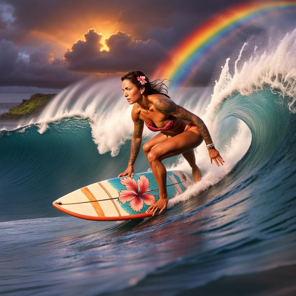 Hawaiian Surfer Girl Rides Sunset Wave
