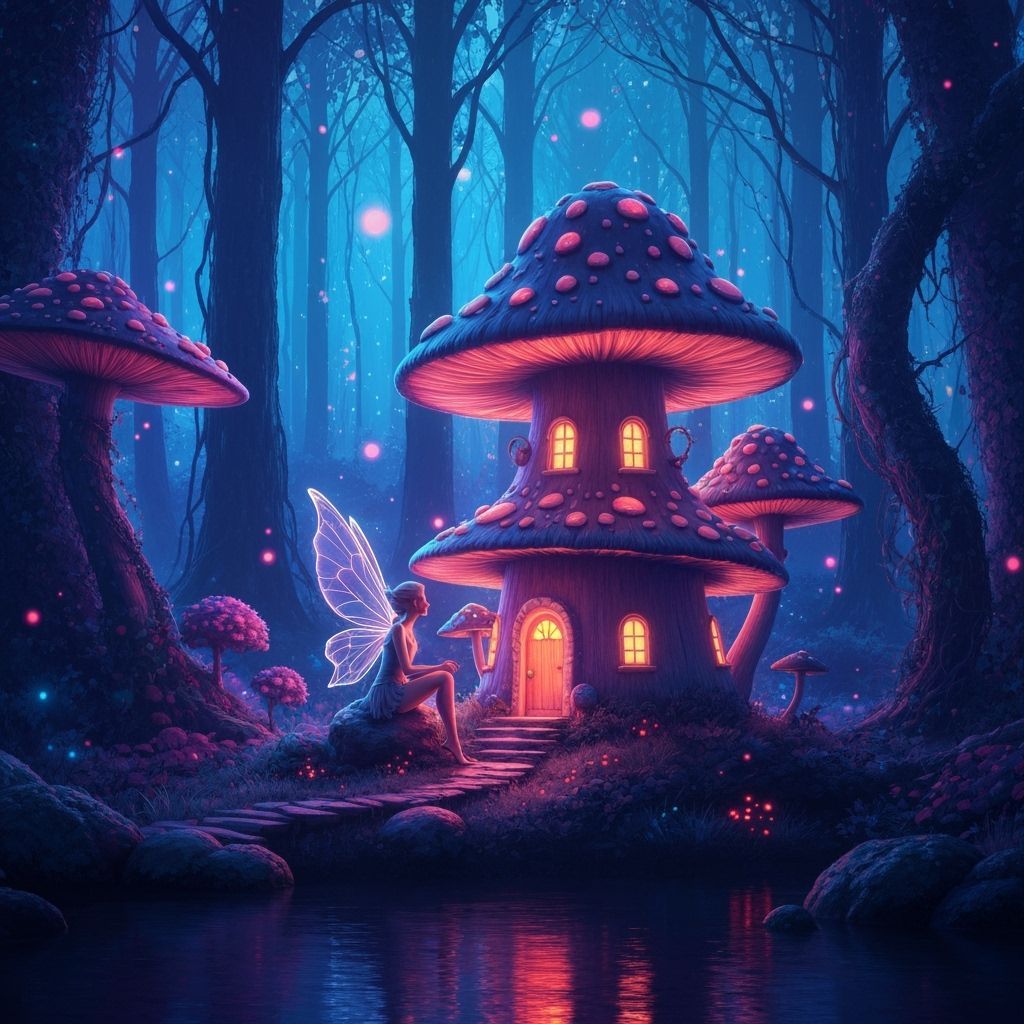 Enchanted Mushroom House with Fairy in Bioluminescent Forest