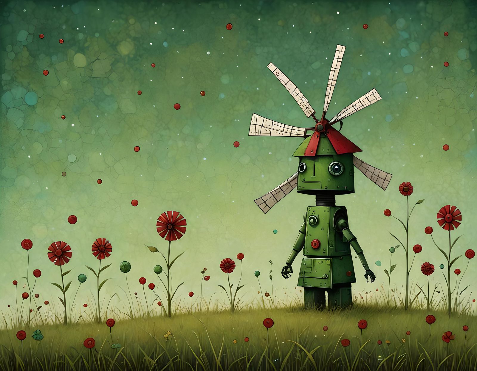 Cute Robot and Windmill in Surreal Style