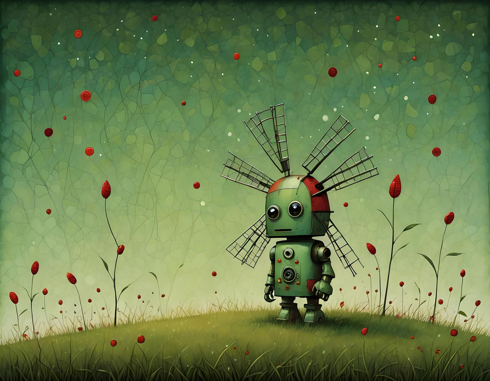 Cute Robot and Windmill in Whimsical Style