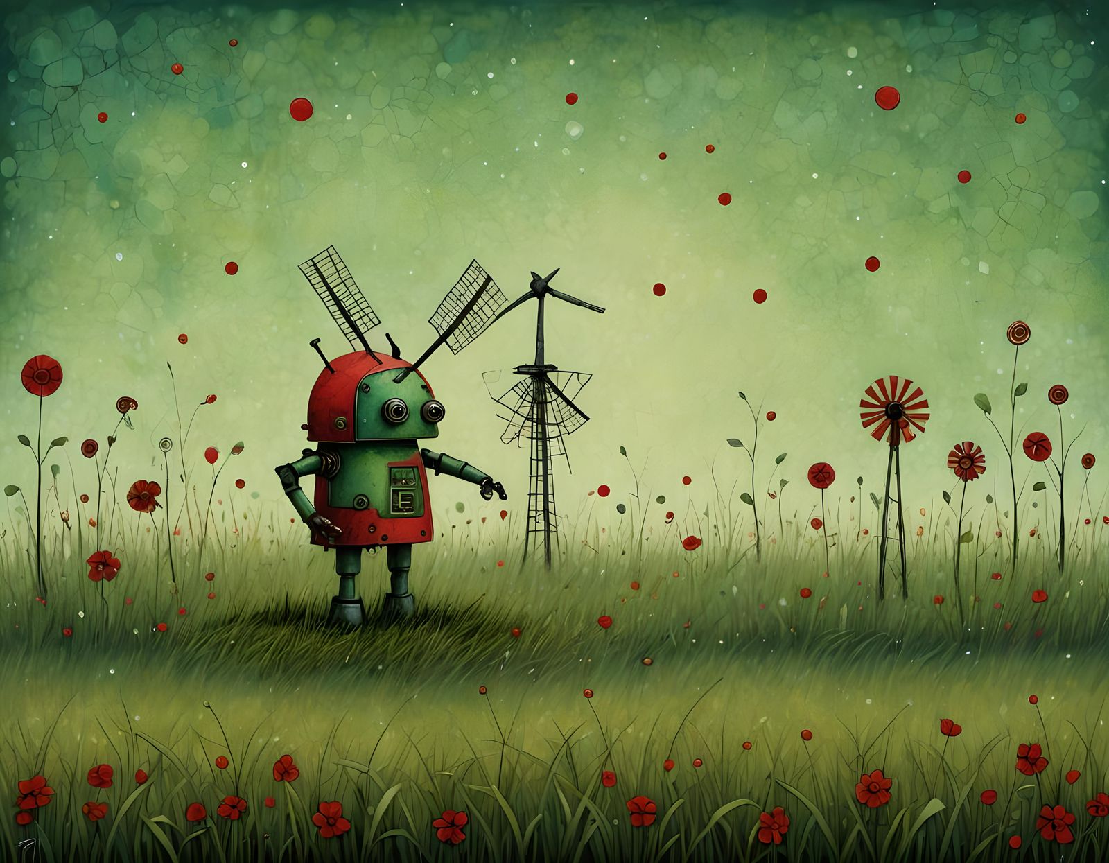 Robot in Windy Field, Surrealist Style