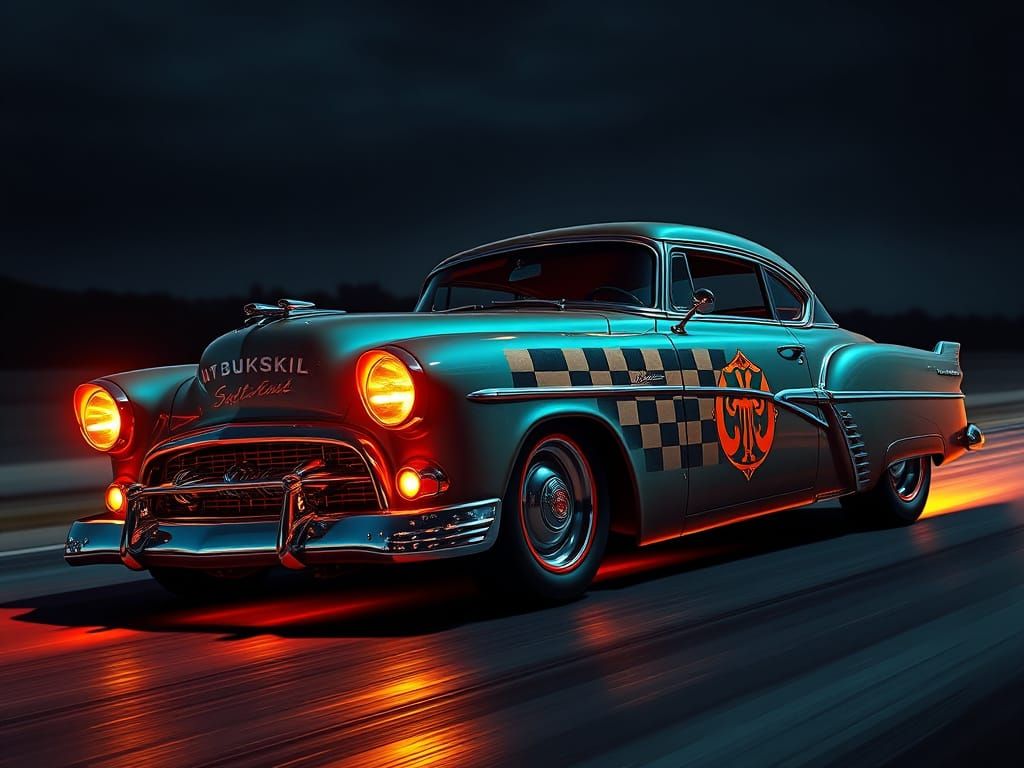 Sleek 1950s Hot Rod with Neon Accents and Glossy Finish