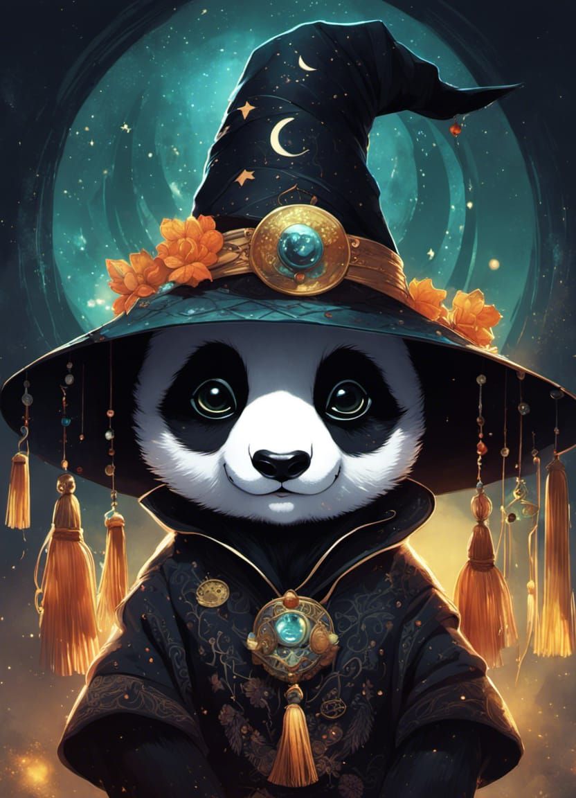 Panda Witch with Celestial Backdrop: Digital Art