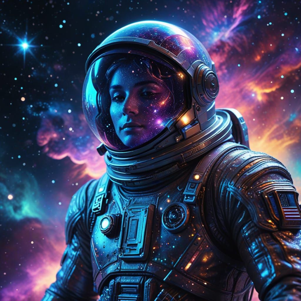 Astronaut Drifting Through Galaxy in Holographic Style