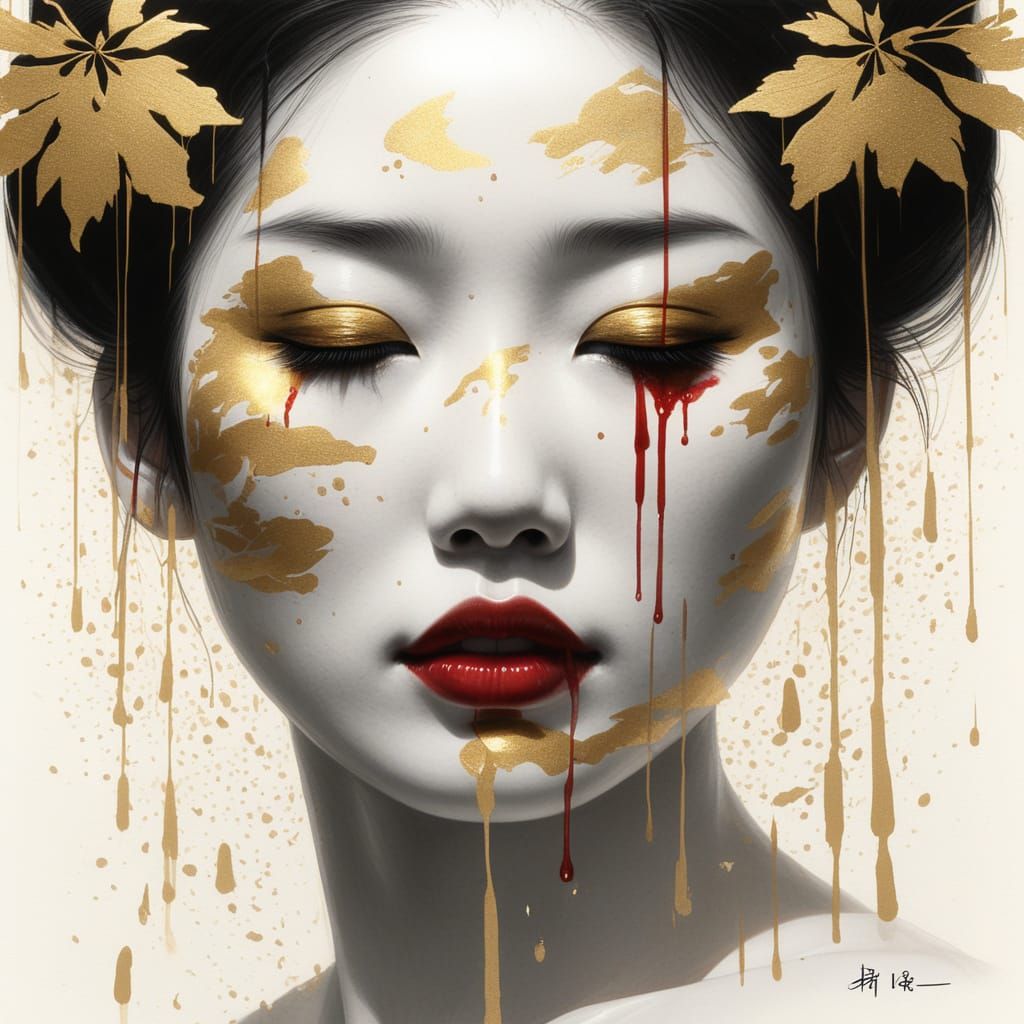 Geisha Face With Bloody Tears in Sumi-e Mixed Media