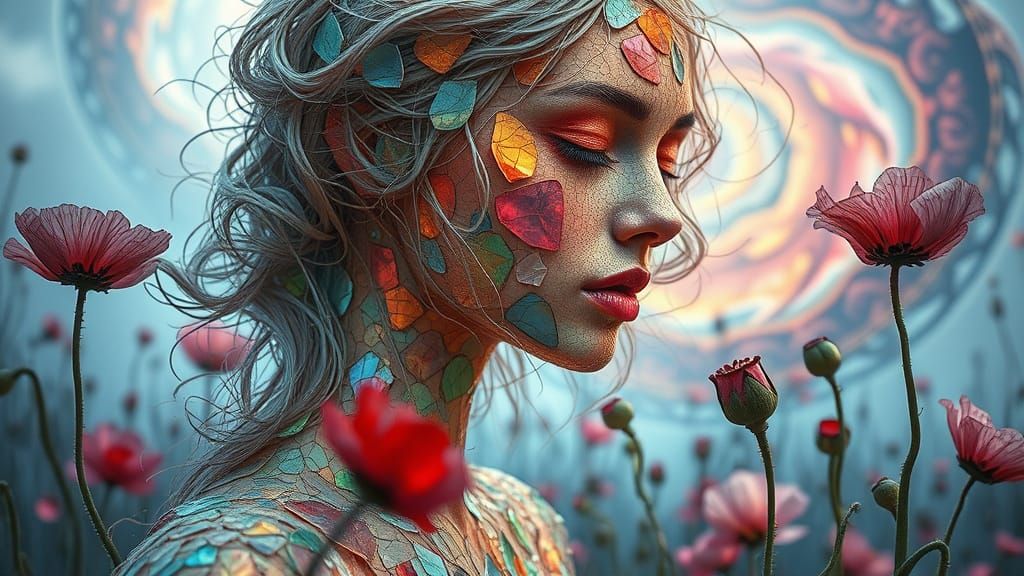 Ephemeral Eco-Art Portrait: Woman of Strings and Flowers