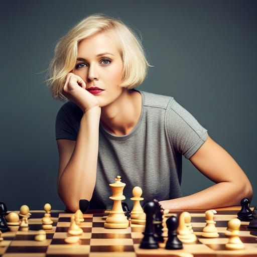 Blonde Woman Plays Chess Against Computer